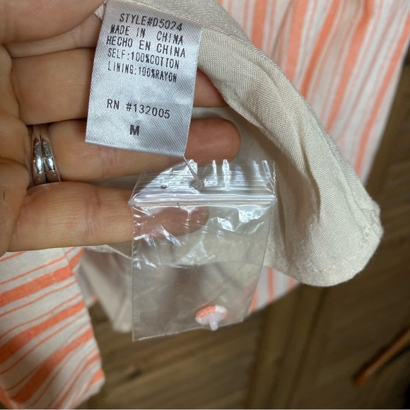 Boutique COTTON tangerine/cream stripe lace appliqué yolk flowy lined dress SZ M - Picture 7 of 8